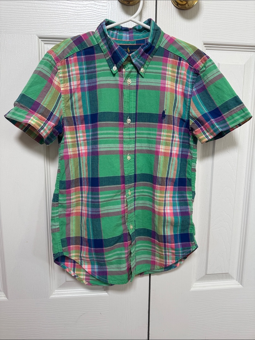 Boys Ralph Lauren Green Plaid Short-Sleeve Button-Down Shirt with Pink & Navy